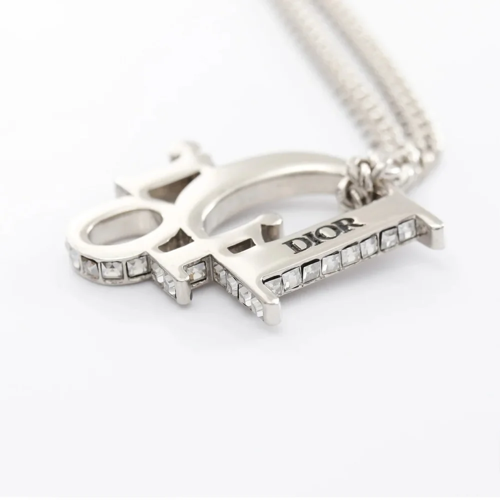 Christian Dior Oblique Pendant Necklace Silver Tone Brass Crystals Y2K Authentic - Picture 5 of 6